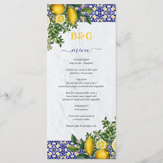 Blauw Wit Geel Mediterraans Tegel Citroen Bruiloft Menu (Voorkant)