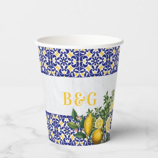 Blauw Wit Geel Mediterraans Tegel Citroen Bruiloft Papieren Bekers (Achterkant)