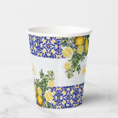 Blauw Wit Geel Mediterraans Tegel Citroen Bruiloft Papieren Bekers (Rechts)
