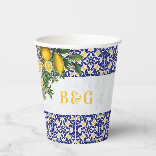 Blauw Wit Geel Mediterraans Tegel Citroen Bruiloft Papieren Bekers (Voorkant)