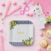 Blauw Wit Geel Mediterraans Tegel Citroen Bruiloft Papieren Bordje (Feest)