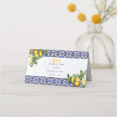 Blauw Wit Geel Mediterraans Tegel Citroen Bruiloft Plaatskaartje (Achterkant)