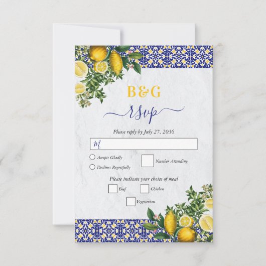 Blauw Wit Geel Mediterraans Tegel Citroen Bruiloft RSVP Kaartje (Voorkant)