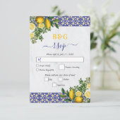 Blauw Wit Geel Mediterraans Tegel Citroen Bruiloft RSVP Kaartje (Staand voorkant)