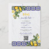 Blauw Wit Geel Mediterraans Tegel Citroen Bruiloft Save The Date (Voorkant)