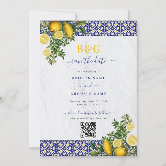 Blauw Wit Geel Mediterraans Tegel Citroen Bruiloft Save The Date (Voorkant)