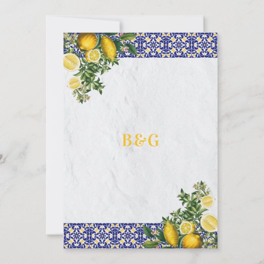 Blauw Wit Geel Mediterraans Tegel Citroen Bruiloft Save The Date (Achterkant)