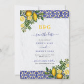 Blauw Wit Geel Mediterraans Tegel Citroen Bruiloft Save The Date (Voorkant)