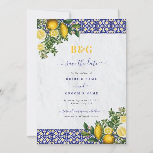 Blauw Wit Geel Mediterraans Tegel Citroen Bruiloft Save The Date (Voorkant)