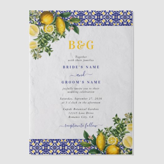 Blauw Wit Geel Mediterraans Tegel Citroen Bruiloft Vellum Uitnodigingen (Voorkant)