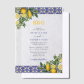 Blauw Wit Geel Mediterraans Tegel Citroen Bruiloft Vellum Uitnodigingen (Offset)