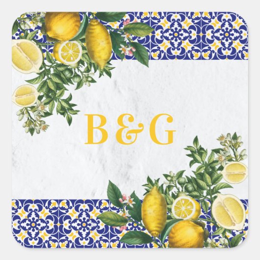 Blauw Wit Geel Mediterraans Tegel Citroen Bruiloft Vierkante Sticker (Voorkant)