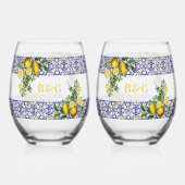 Blauw Wit Geel Mediterraans Tegel Citroen Bruiloft Wijnglas Zonder Voet (Achterkant)