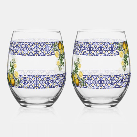 Blauw Wit Geel Mediterraans Tegel Citroen Bruiloft Wijnglas Zonder Voet (Links)