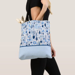 Blauw, wit, geel Plant, kleurblok Tote Bag