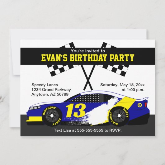 Blauw Wit Geel Race Auto Verjaardagsfeest Kaart (Voorkant)