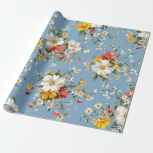 Blauw Wit Geel Rood Ditsy Bloem Pastel Boho 70s Cadeaupapier