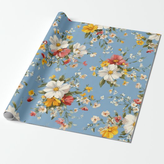 Blauw Wit Geel Rood Ditsy Bloem Pastel Boho 70s Cadeaupapier (Uitgerold)