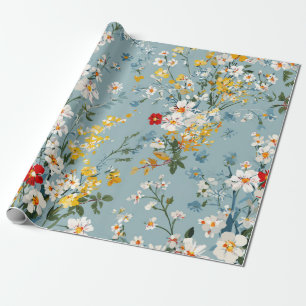 Blauw Wit Geel Rood Ditsy Bloem Pastel Boho 70s Cadeaupapier