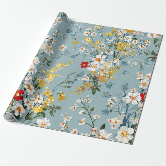 Blauw Wit Geel Rood Ditsy Bloem Pastel Boho 70s Cadeaupapier (Uitgerold)