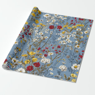 Blauw Wit Geel Rood Ditsy Bloem Pastel Boho 70s Cadeaupapier