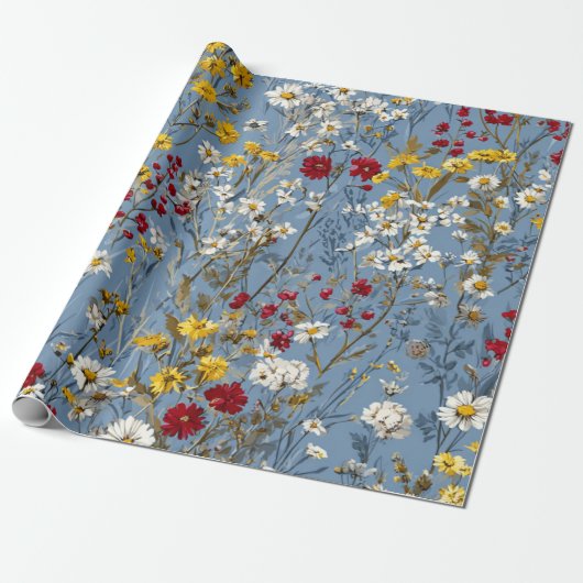 Blauw Wit Geel Rood Ditsy Bloem Pastel Boho 70s Cadeaupapier (Uitgerold)