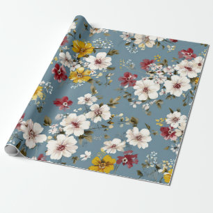Blauw Wit Geel Rood Ditsy Bloem Pastel Boho 70s Cadeaupapier