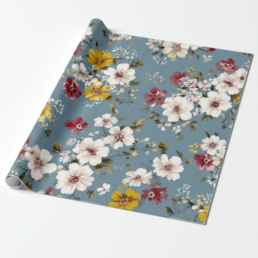 Blauw Wit Geel Rood Ditsy Bloem Pastel Boho 70s Cadeaupapier (Uitgerold)