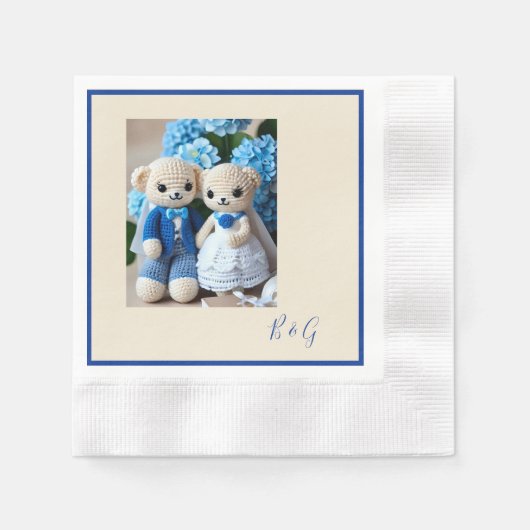 blauw wit gehaakte beeldje bruiloft paar servet (Voorkant)