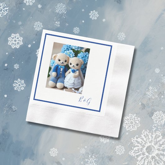 blauw wit gehaakte beeldje bruiloft paar servet