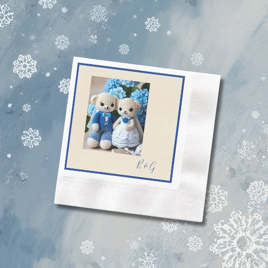 blauw wit gehaakte beeldje bruiloft paar servet