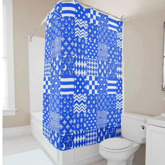 Blauw Wit Gemengde Patchwork Ontwerp Douchegordijn