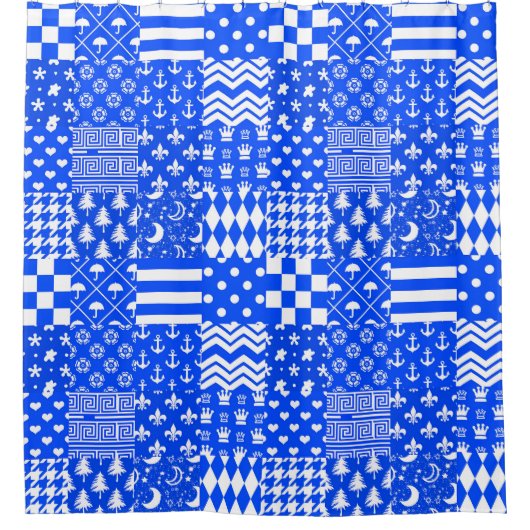 Blauw Wit Gemengde Patchwork Ontwerp Douchegordijn (Voorkant)