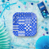 Blauw Wit Gemengde Patchwork Ontwerp Papieren Bordje (Feest)