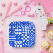 Blauw Wit Gemengde Patchwork Ontwerp Papieren Bordje (Feest)