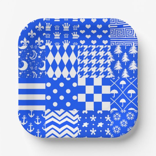 Blauw Wit Gemengde Patchwork Ontwerp Papieren Bordje (Voorkant)