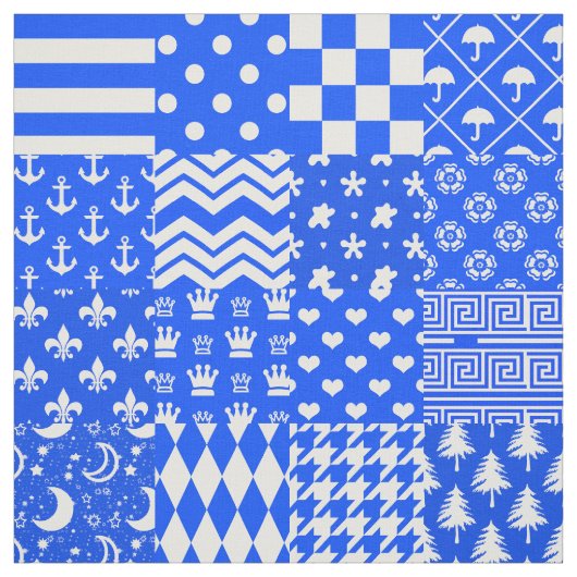 Blauw Wit Gemengde Patchwork Ontwerp Stof (Swatch)