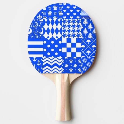 Blauw Wit Gemengde Patchwork Ontwerp Tafeltennisbatje (Voorkant)
