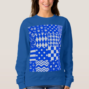 Blauw Wit Gemengde Patchwork Ontwerp Trui