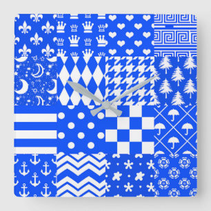 Blauw Wit Gemengde Patchwork Ontwerp Vierkante Klok