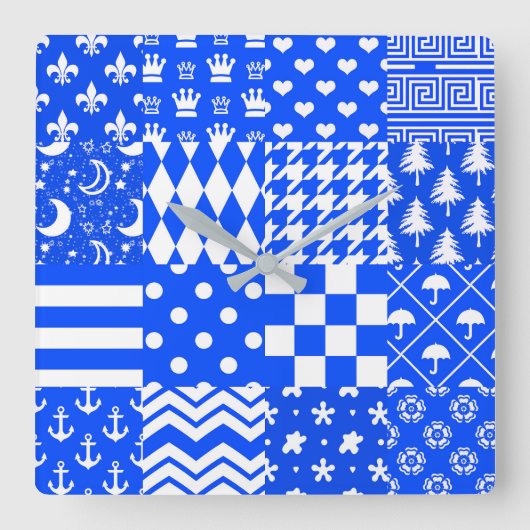 Blauw Wit Gemengde Patchwork Ontwerp Vierkante Klok (Voorkant)