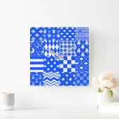 Blauw Wit Gemengde Patchwork Ontwerp Vierkante Klok (Huis)