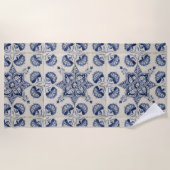  blauw wit geometrisch bloemenpatroon strandlaken (Voorkant)