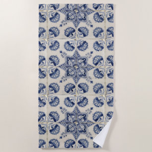 blauw wit geometrisch bloemenpatroon strandlaken
