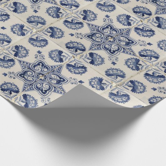  blauw wit geometrisch ventilatorpatroon cadeaupapier (Hoek)