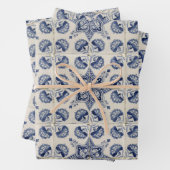  blauw wit geometrisch ventilatorpatroon inpakpapier vel (In situ)