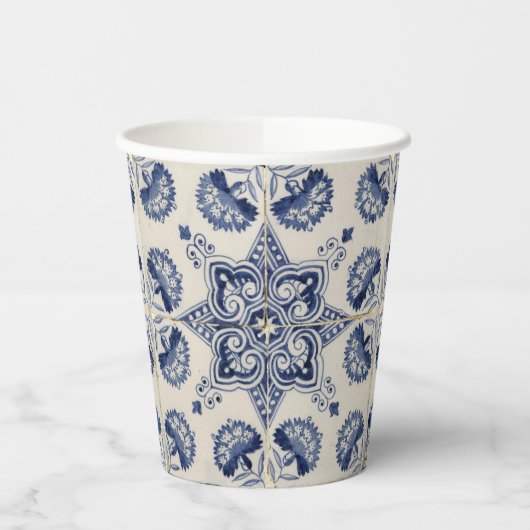  blauw wit geometrisch ventilatorpatroon papieren bekers (Links)