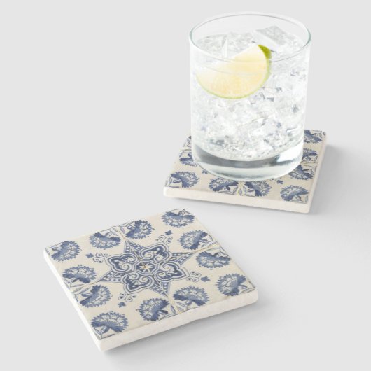 blauw wit geometrisch ventilatorpatroon stenen onderzetter (Zijkant)