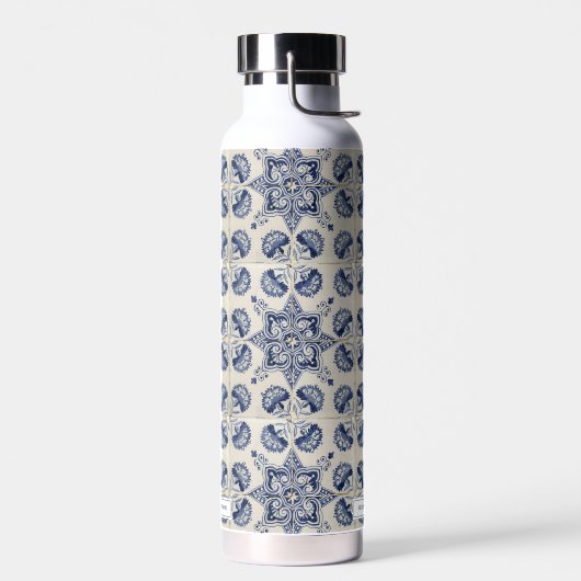  blauw wit geometrisch ventilatorpatroon waterfles (Links)