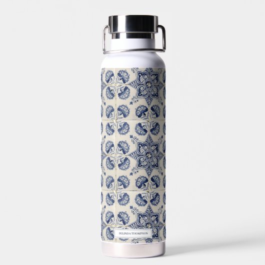  blauw wit geometrisch ventilatorpatroon waterfles (Achterkant)